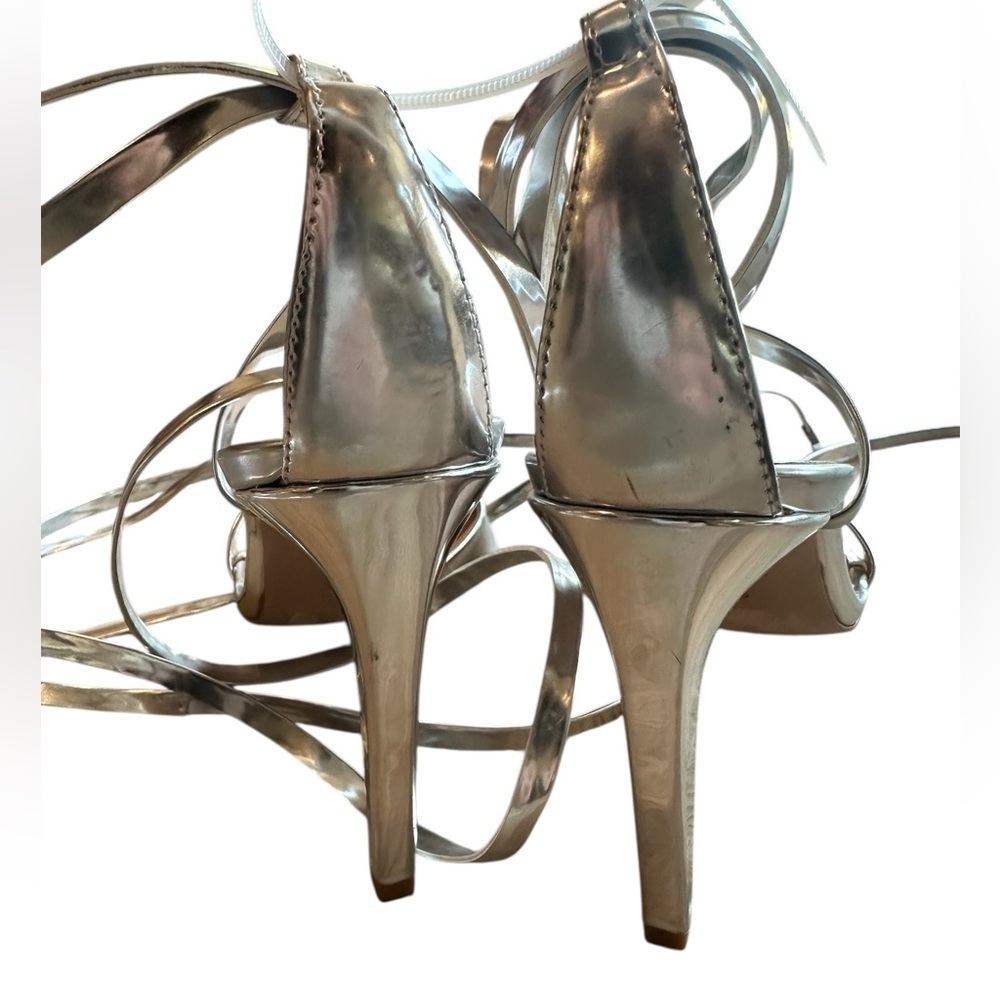 NEW Schutz Bryce Metallic Silver Heels | Ankle Wrap Strappy Sandals | Size 9.5 - Picture 7 of 13